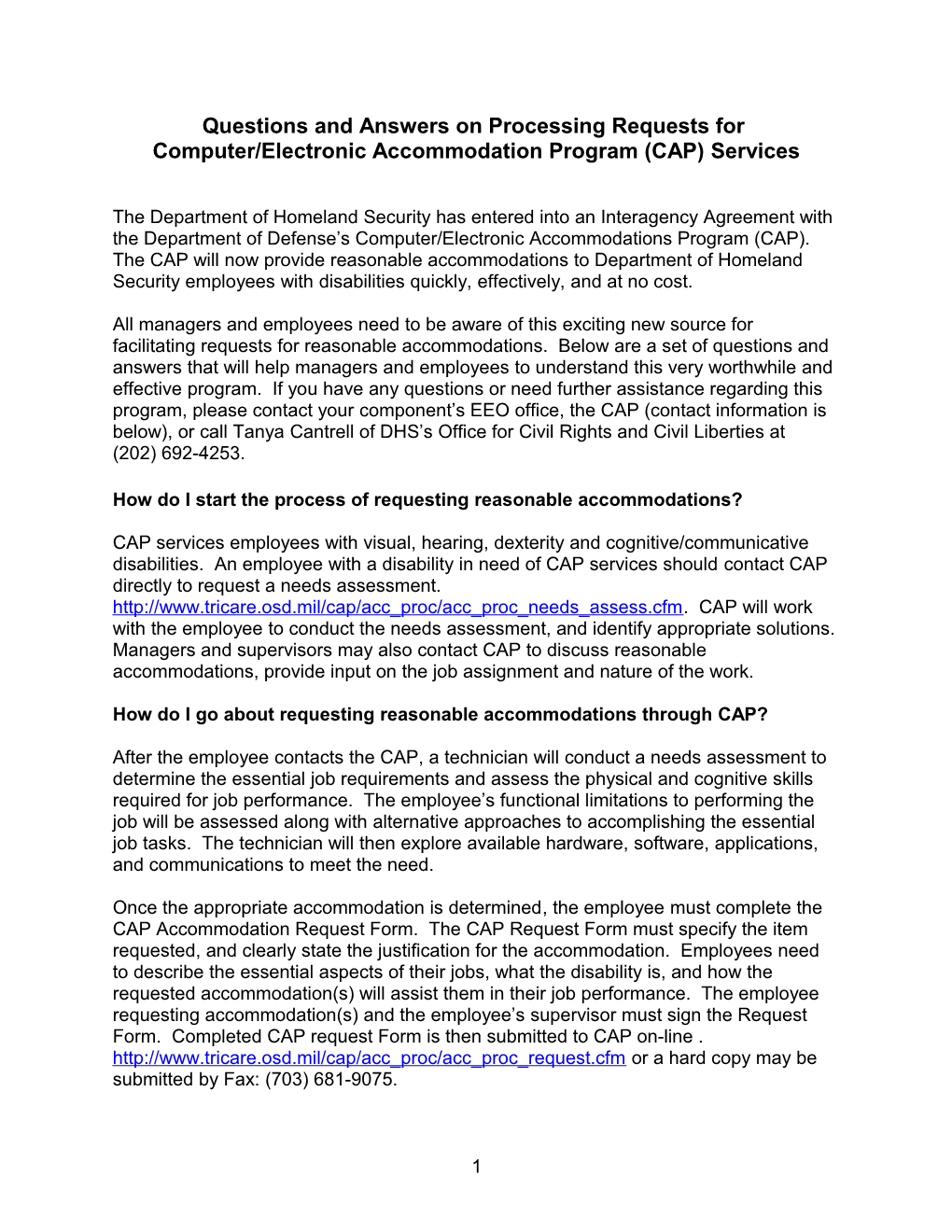 Summary of Procedures for Requesting Reasonable Accommodation from CAP