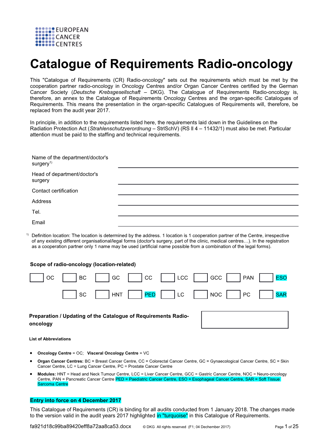 Catalogue of Requirements Radio-Oncology