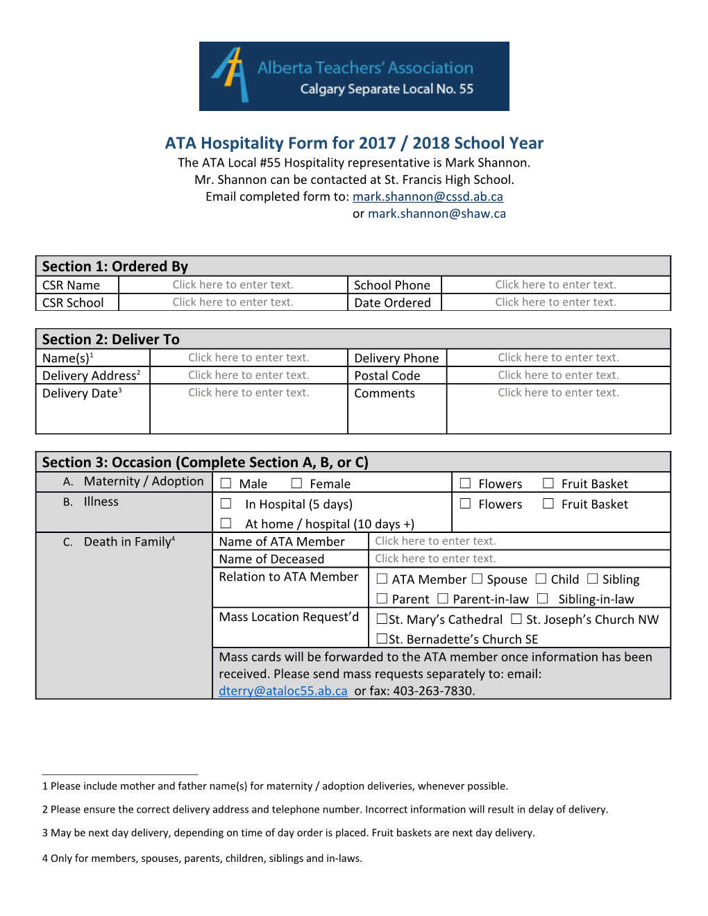 ATA Hospitality Form for 2017 / 2018 School Year