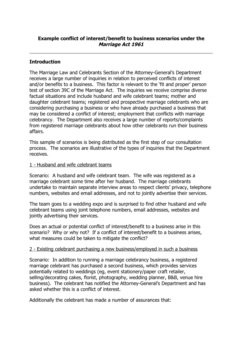 Example Conflict of Interest/Benefit to Business Scenarios Under the Marriage Act 1961