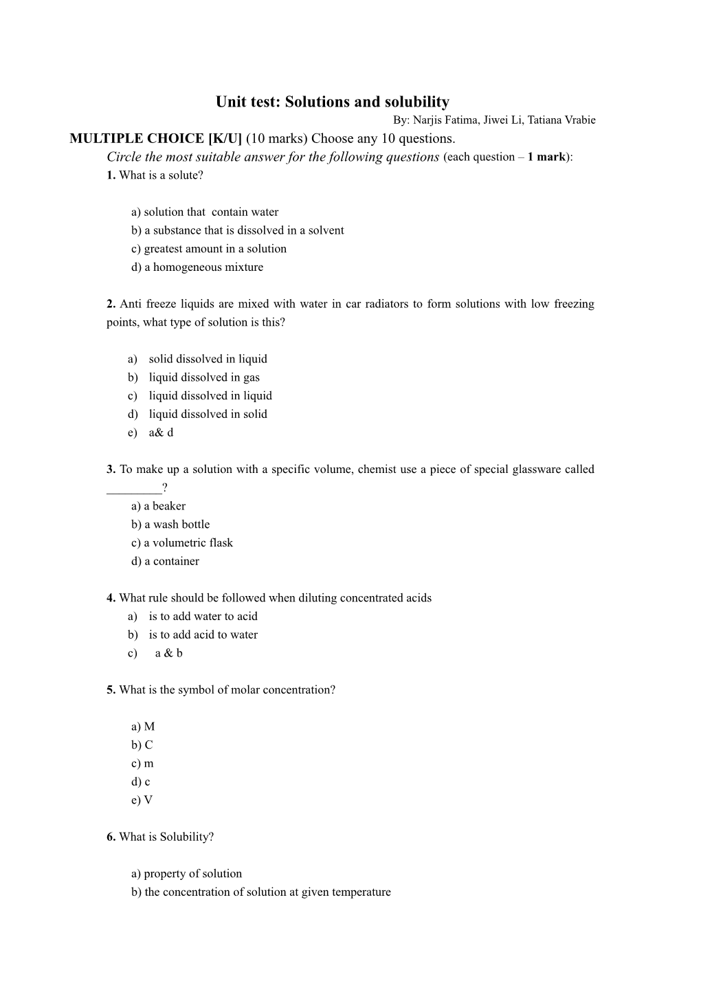 Unit Test: Solutions and Solubility