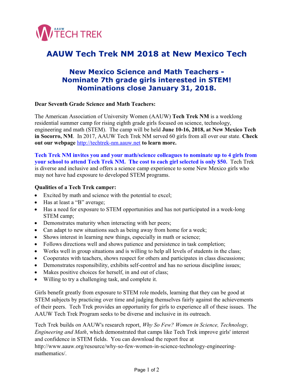 AAUW Tech Trek NM 2018 at New Mexico Tech