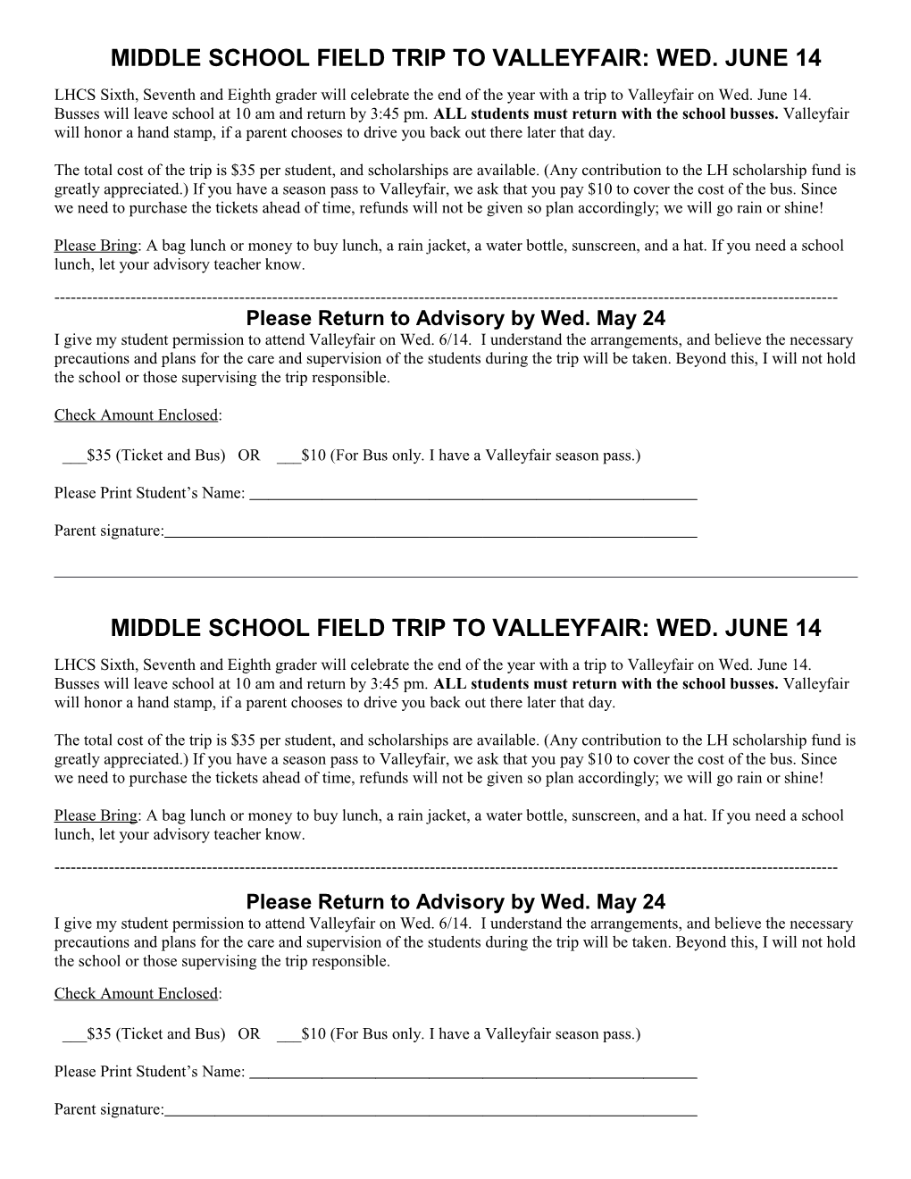 Middle School Field Trip to Valleyfair: Wed. June 14