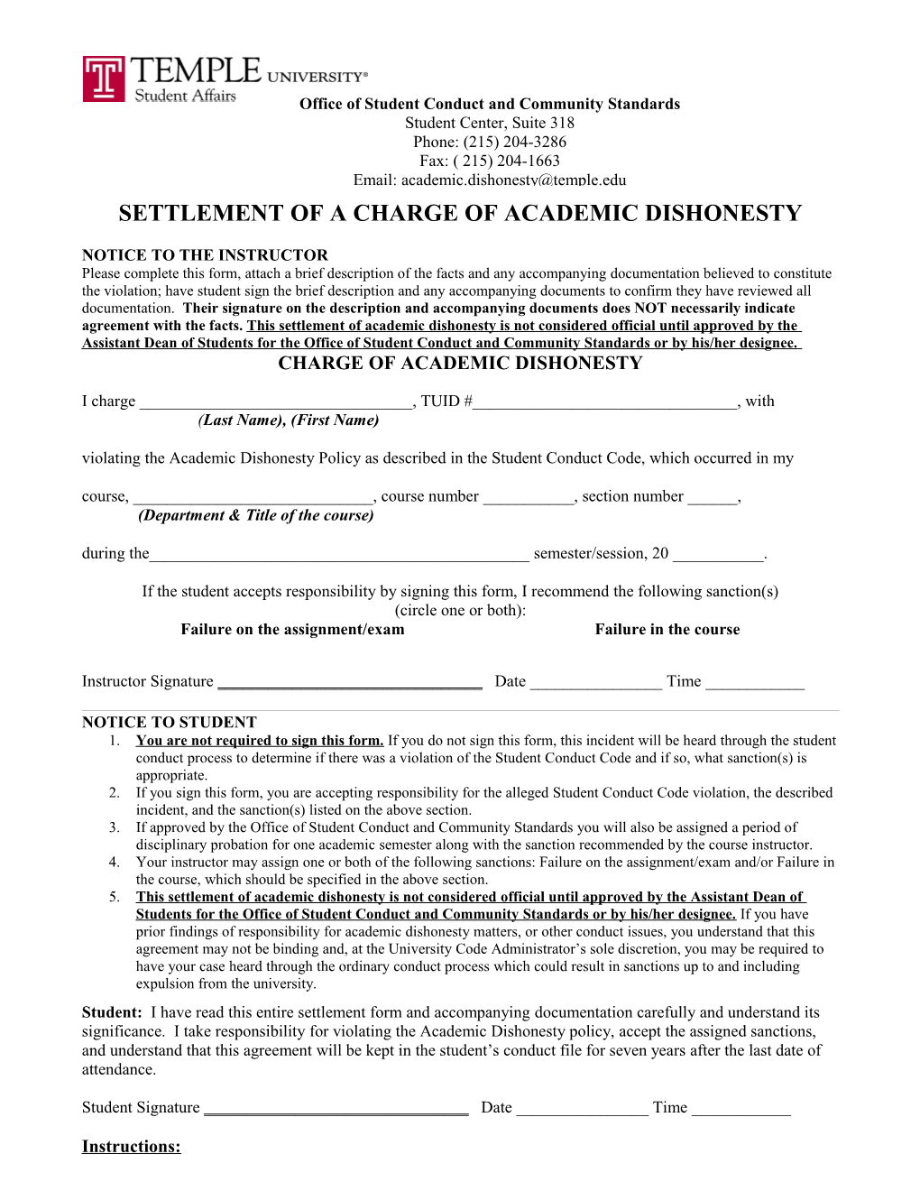 Settlement of a Charge of Academic Dishonesty