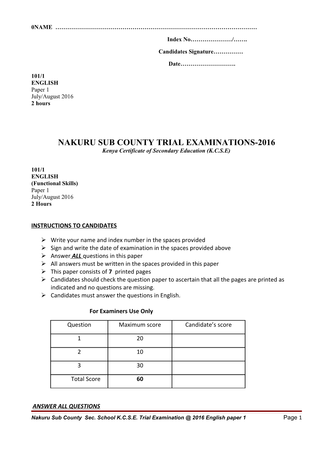 Nakuru Sub County Trial Examinations-2016