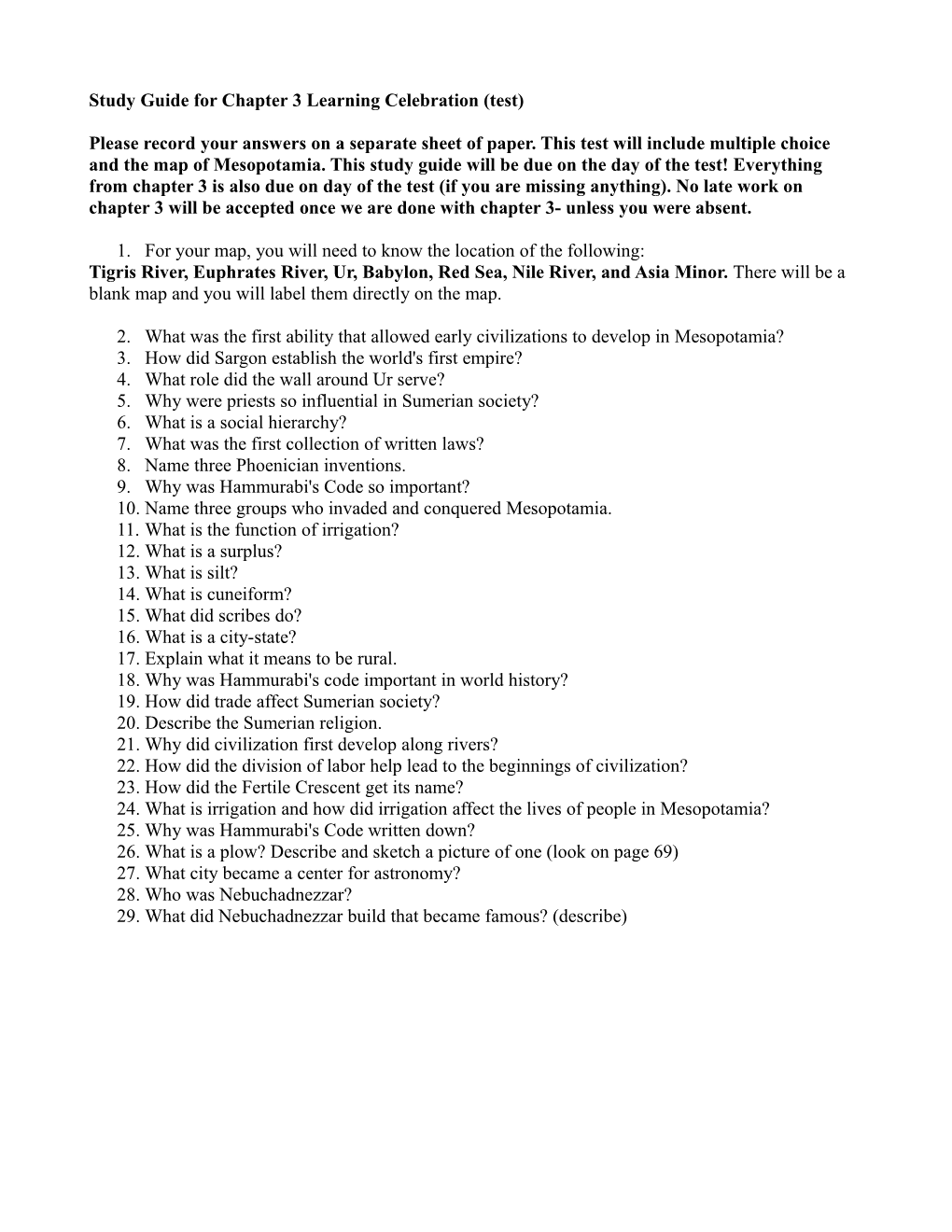 Study Guide for Chapter 3 Learning Celebration (Test)