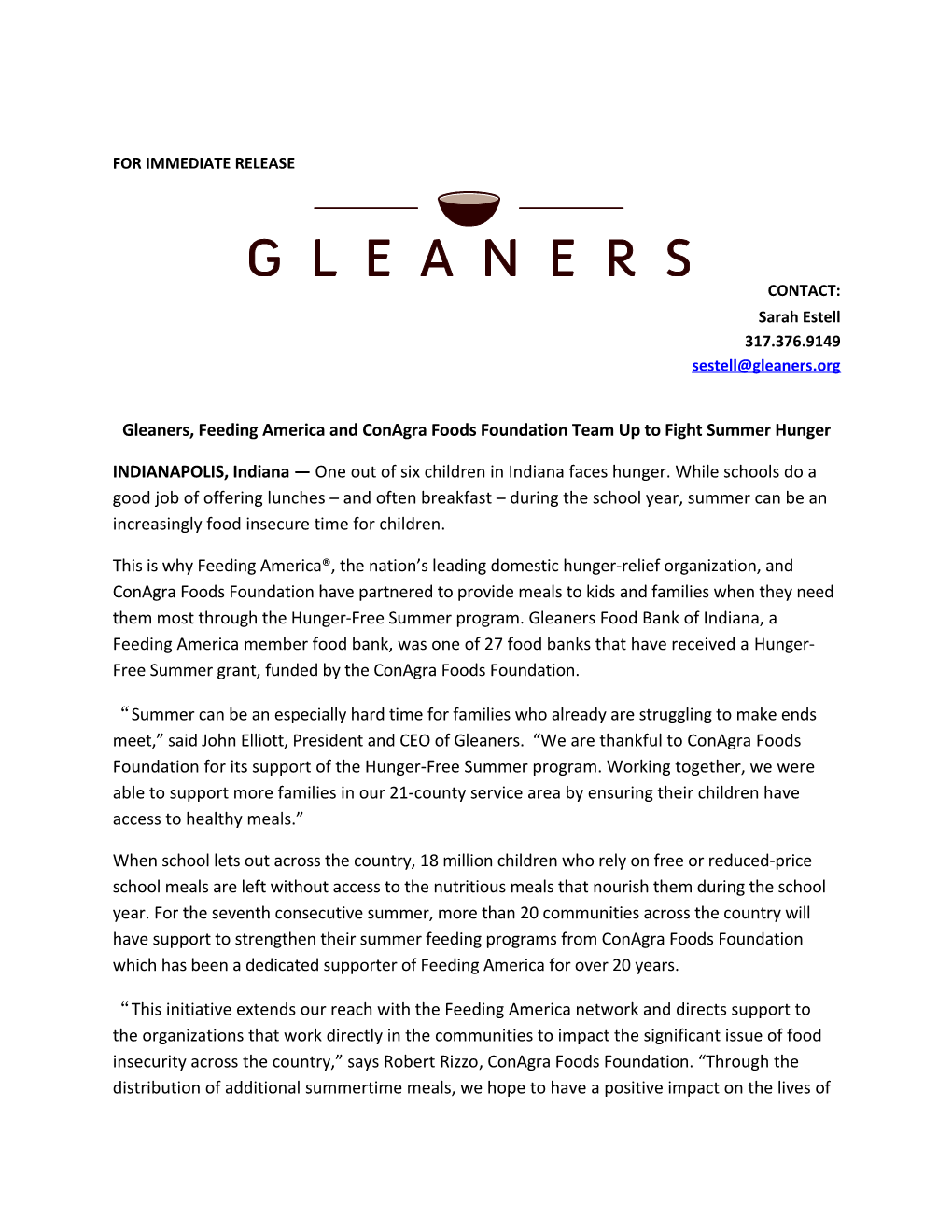Gleaners, Feeding America and Conagra Foods Foundation Team up to Fight Summer Hunger