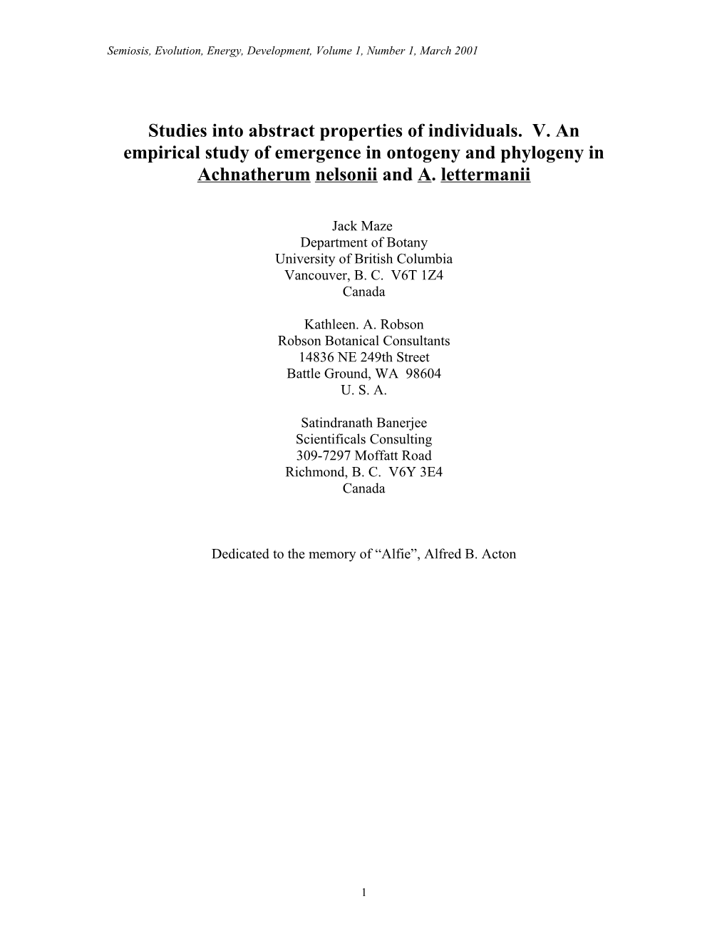 Semiosis, Evolution, Energy, Development, Volume 1, Number 1, March 2001