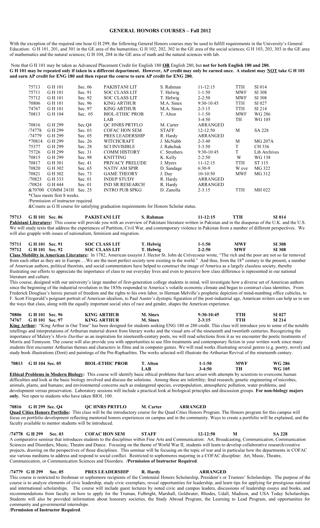 General Honors Courses - Fall 2003