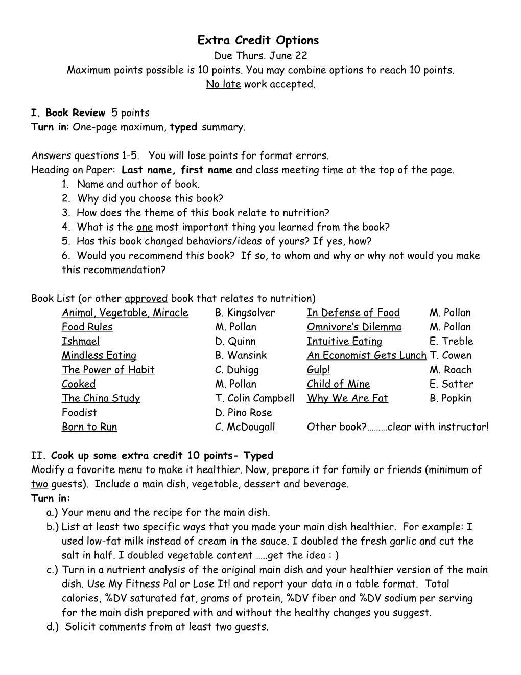 Nutrition 10 Extra Credit Option for Non Adjunct Skills Students