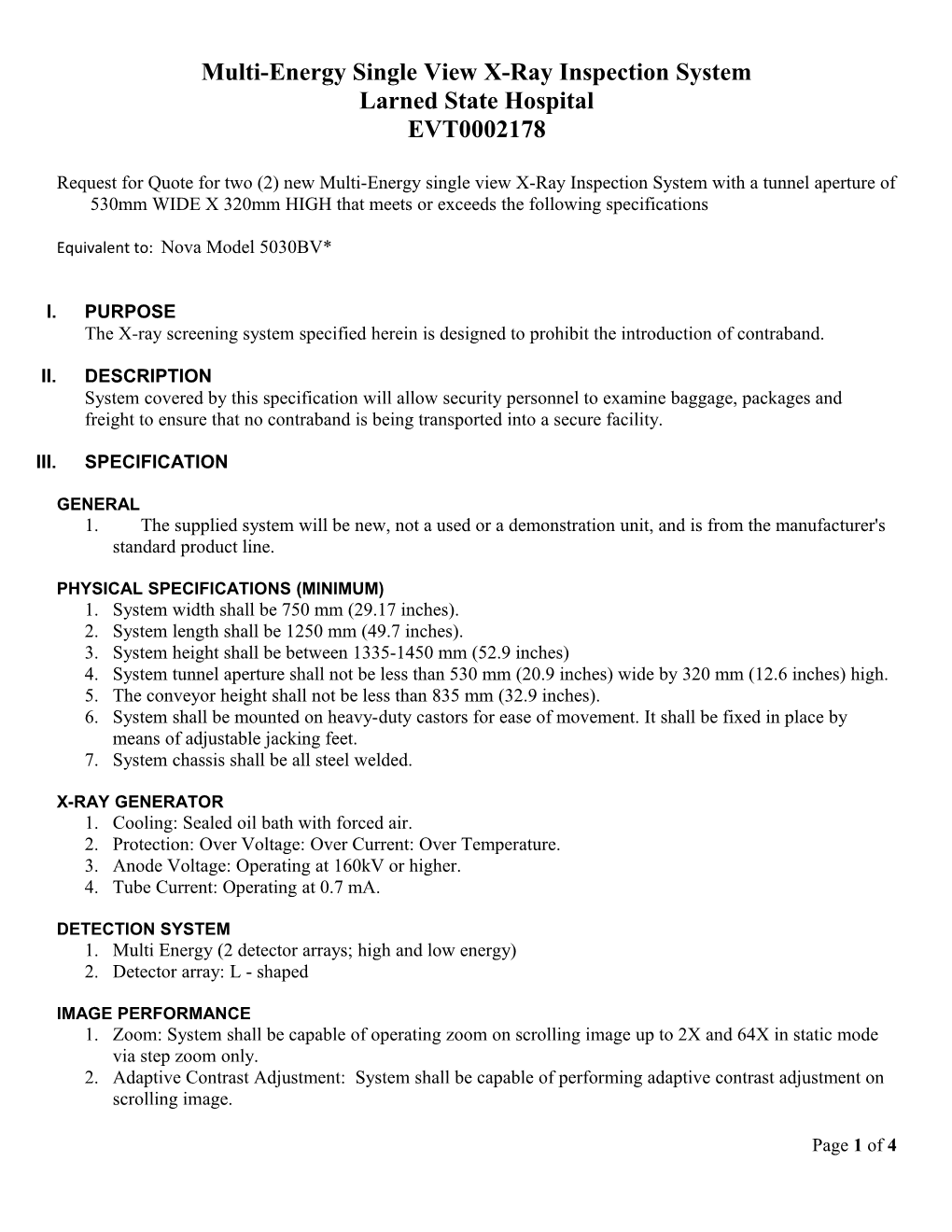 Specification for Multi-Energy Single View X-Ray Inspection System with a Tunnel Aperture