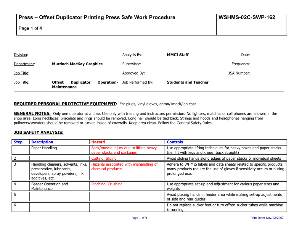 SWP-162 Press - Offset Duplicator Printing Press Safe Work Procedure