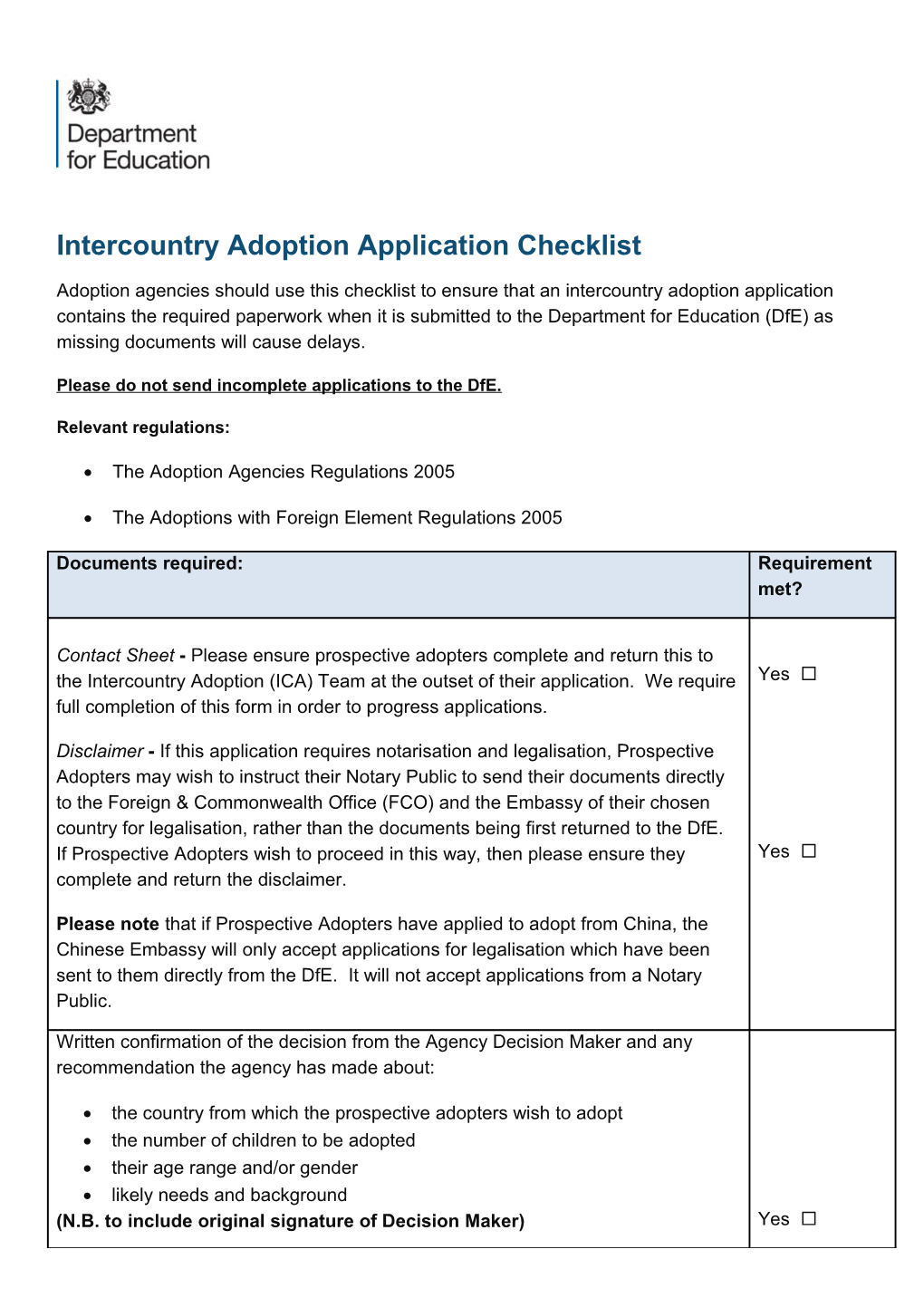 Intercountry Adoption Application Checklist