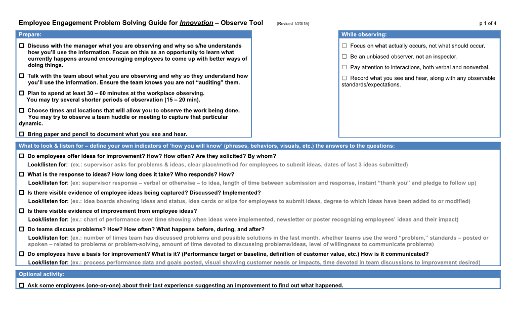 Employee Engagement Problem Solving Guide for Innovation Observe Tool (Revised 1/23/15)P 1 of 4
