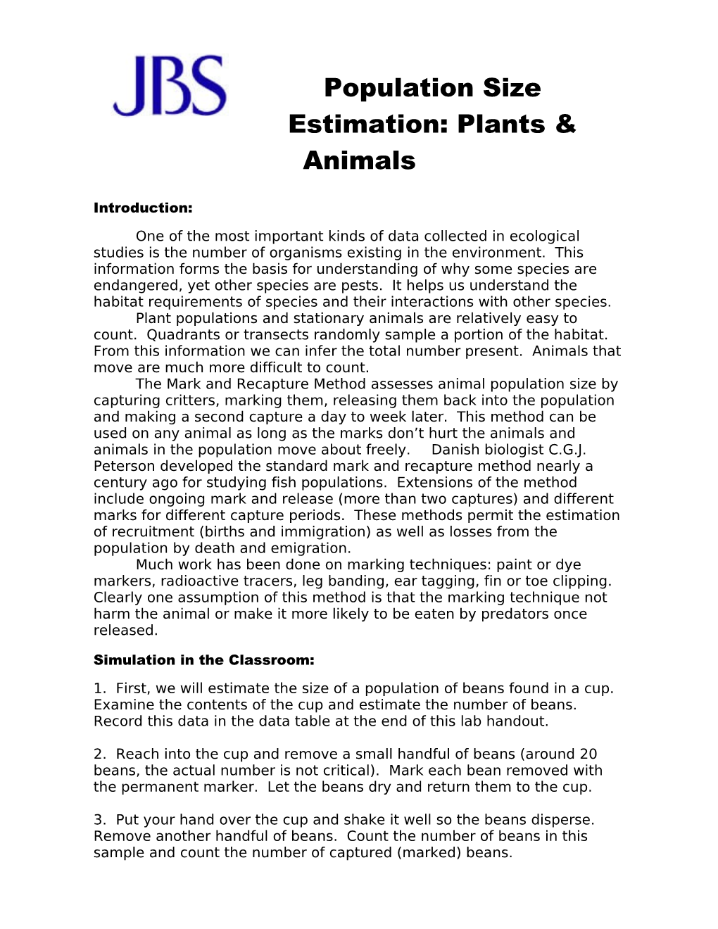 Population Size Estimation: Plants & Animals