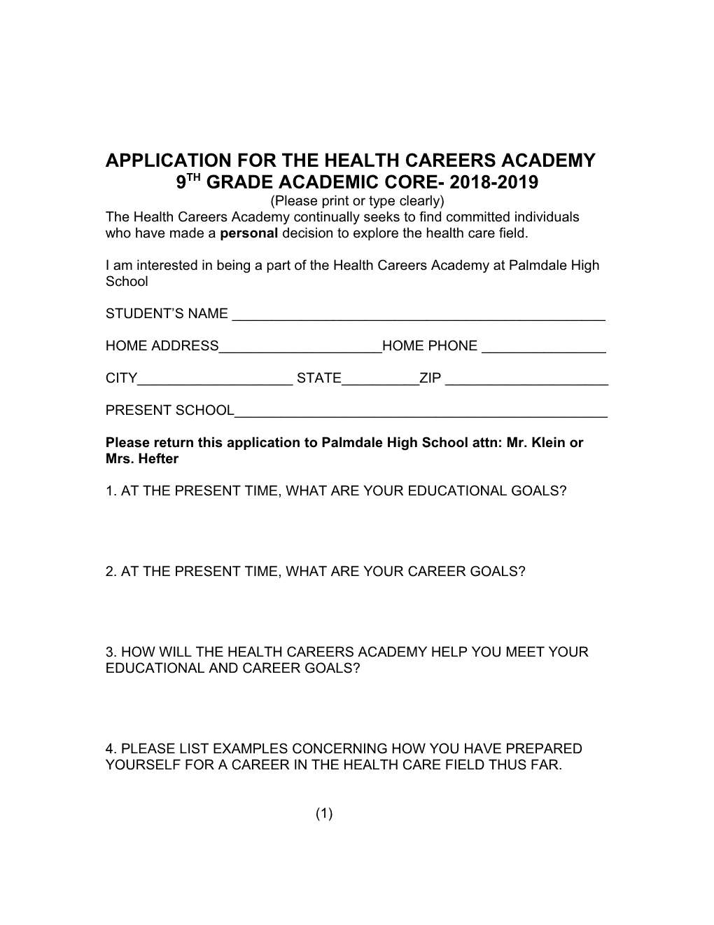 Application for the Health Careers Academy