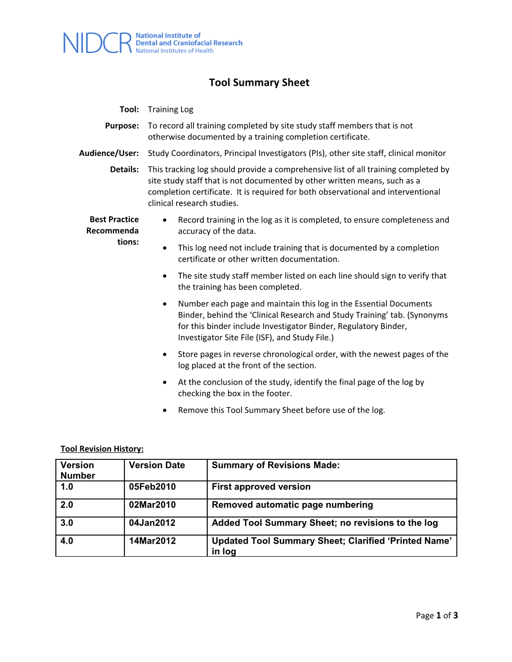 Tool Summary Sheet