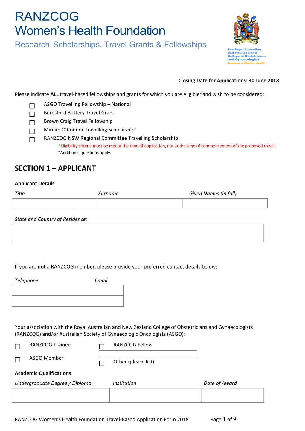 Travel-Based Application Form 2017