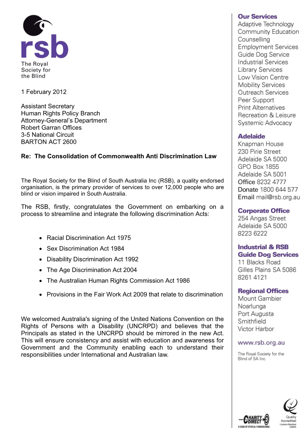 Submission on the Consolidation of Commonwealth Anti-Discrimination Laws - Royal Society