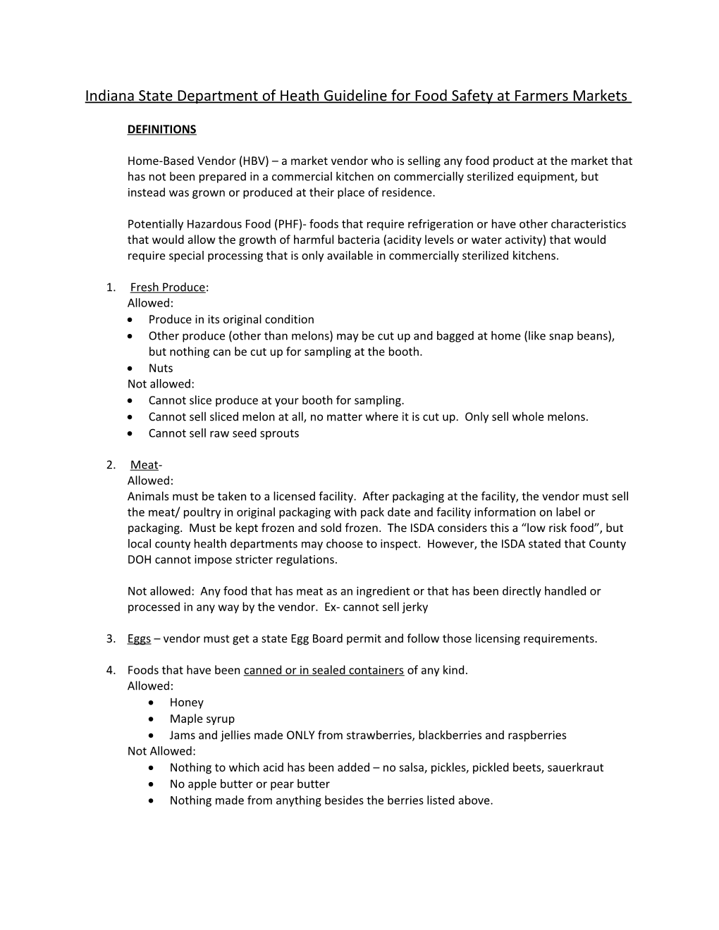 Indiana State Department of Heath Guideline for Food Safety at Farmers Markets