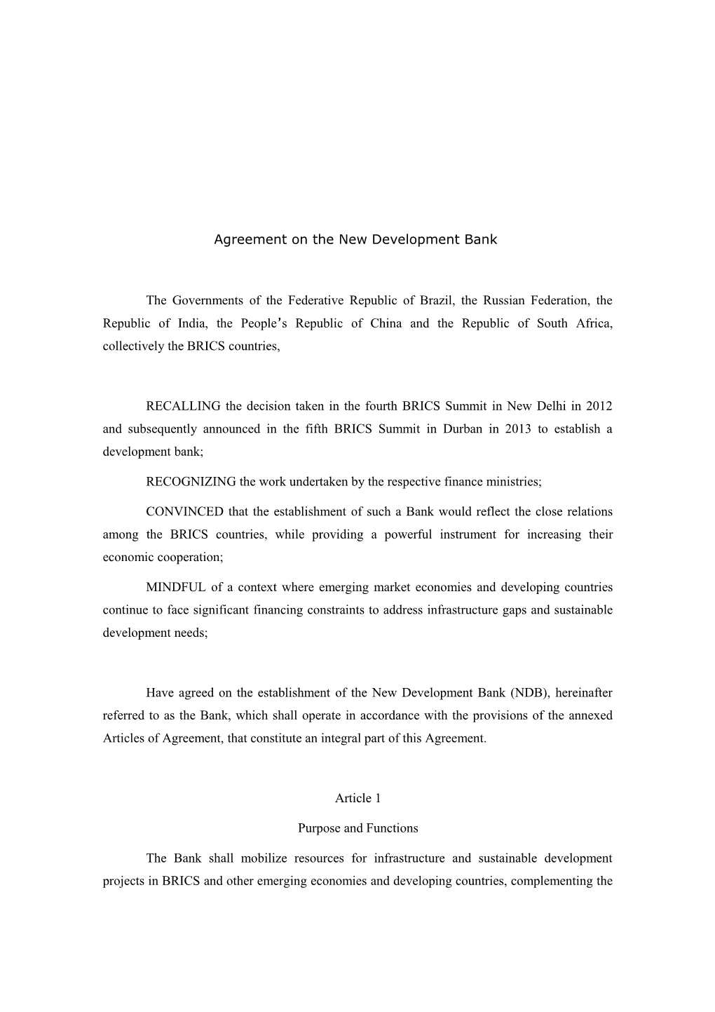 Agreement On The [New Development Bank]