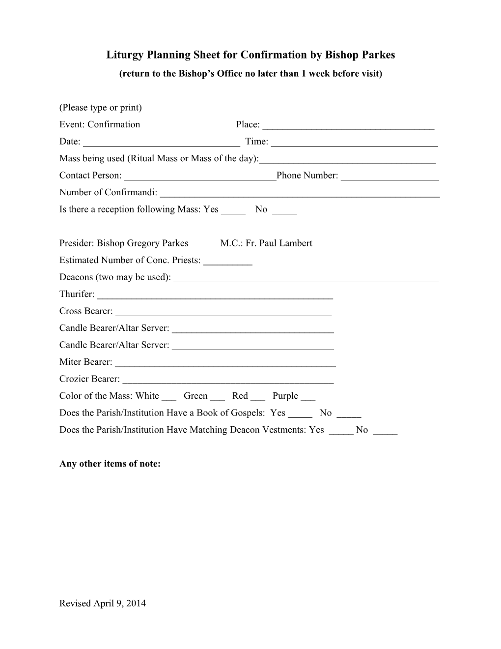 Liturgy Planning Sheet for Confirmation by Bishop Parkes