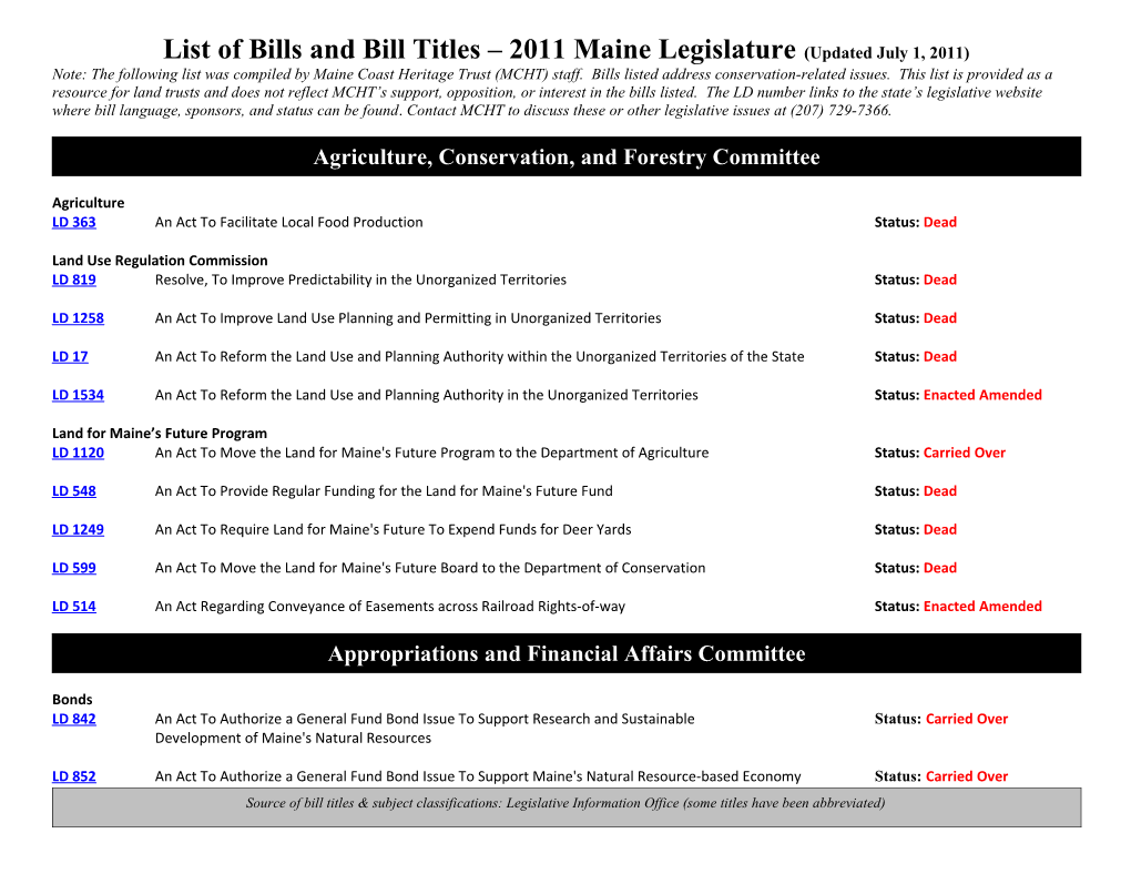List of Bills and Bill Titles 2011 Maine Legislature(Updated July 1, 2011)