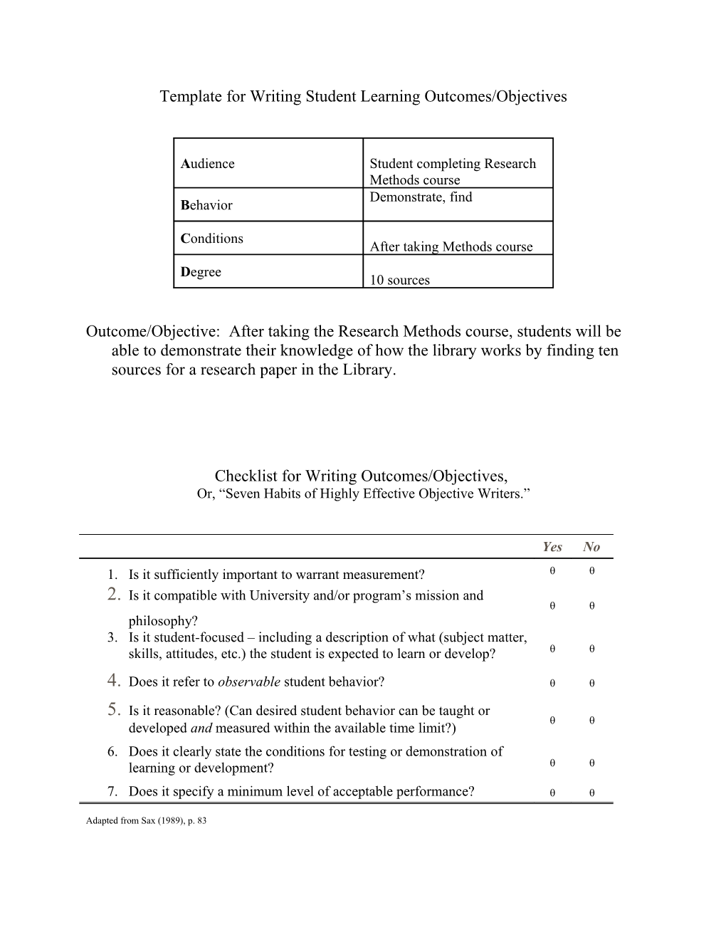 Checklist for Writing Objectives