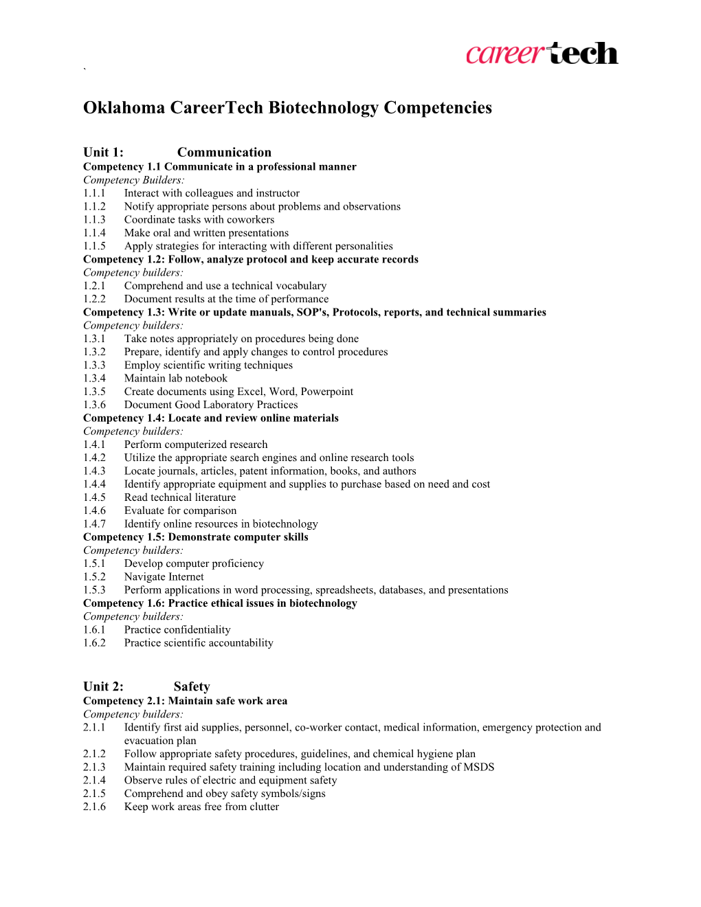 Oklahoma Careertech Biotechnology Competencies