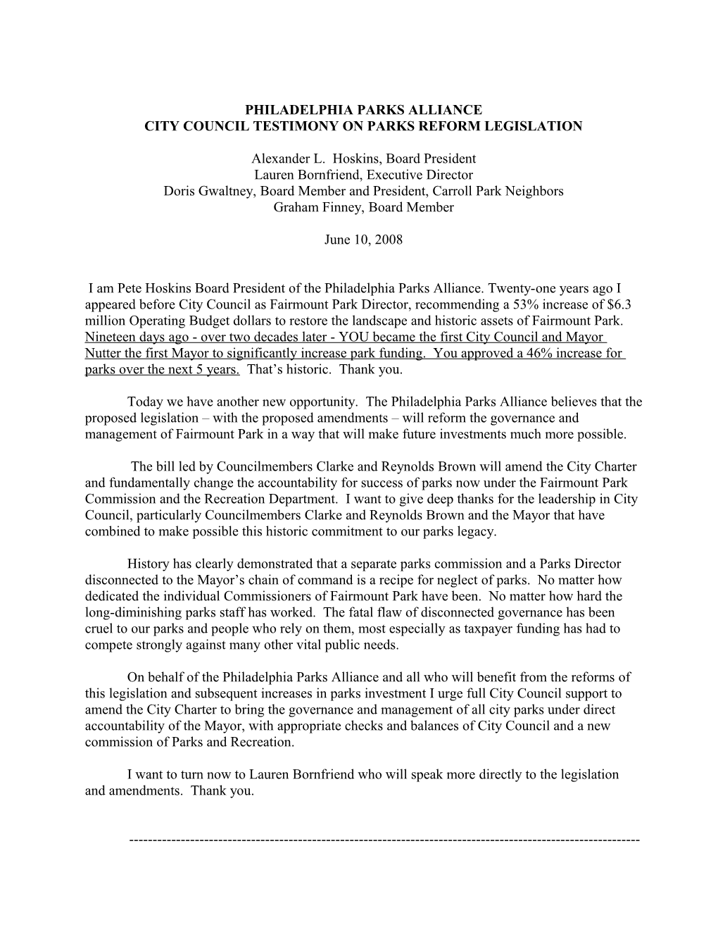 City Council Testimony on Parks Reform Legislation
