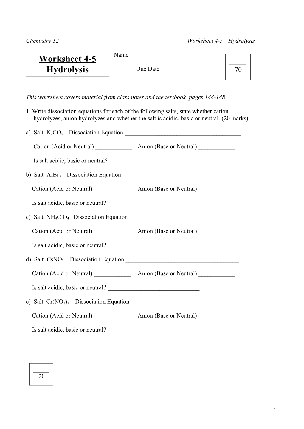 This Worksheet Covers Material from Class Notes and the Textbook Pages 144-148