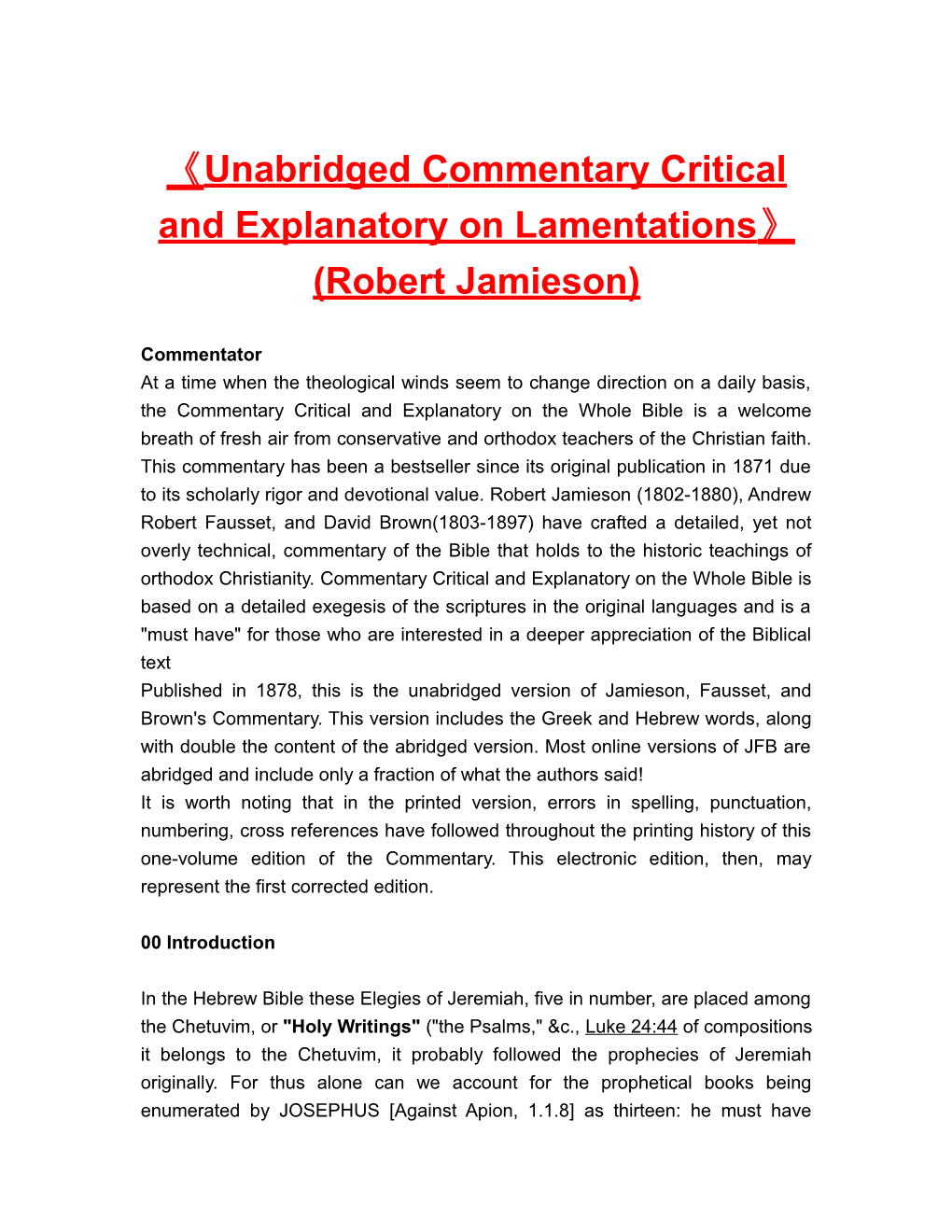 Unabridged Commentary Critical and Explanatory on Lamentations (Robert Jamieson)