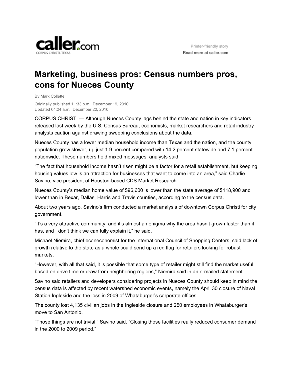 Marketing, Business Pros: Census Numbers Pros, Cons for Nueces County