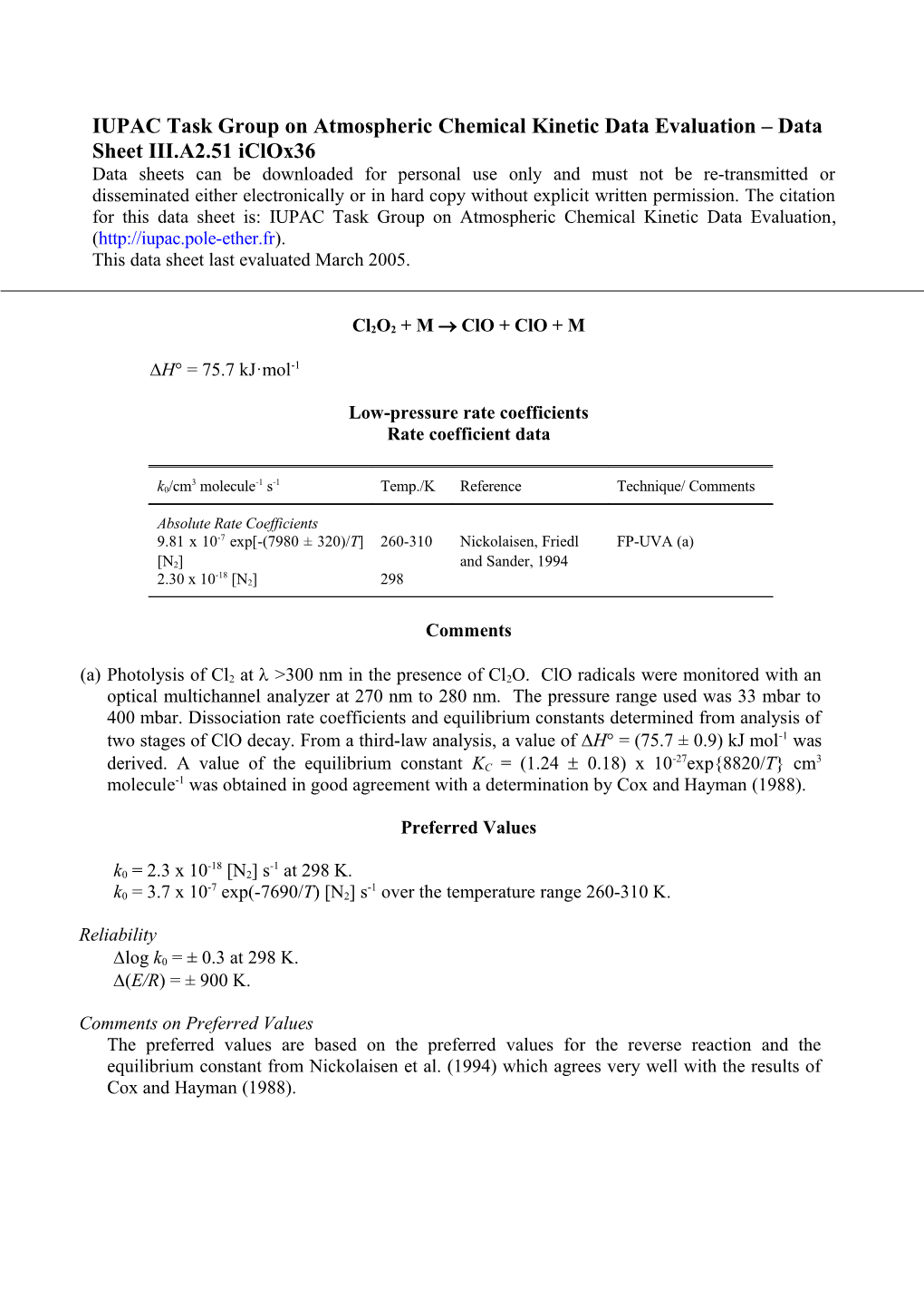 IUPAC Task Group on Atmospheric Chemical Kinetic Data Evaluation Data Sheet III.A2.51 Iclox36