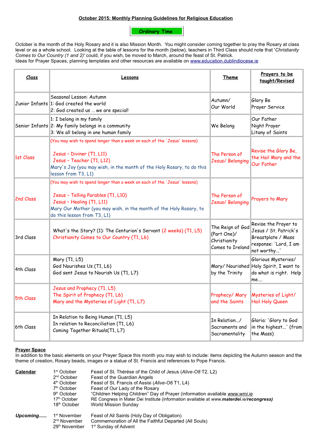 October 2015: Monthly Planning Guidelines for Religious Education