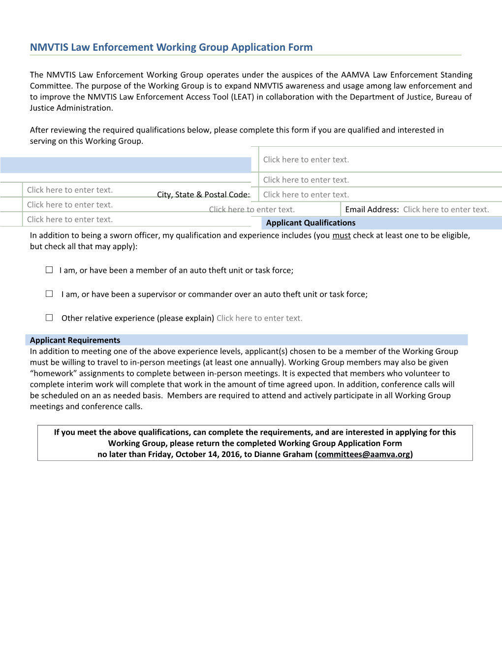 NMVTIS Law Enforcement Working Group Application Form