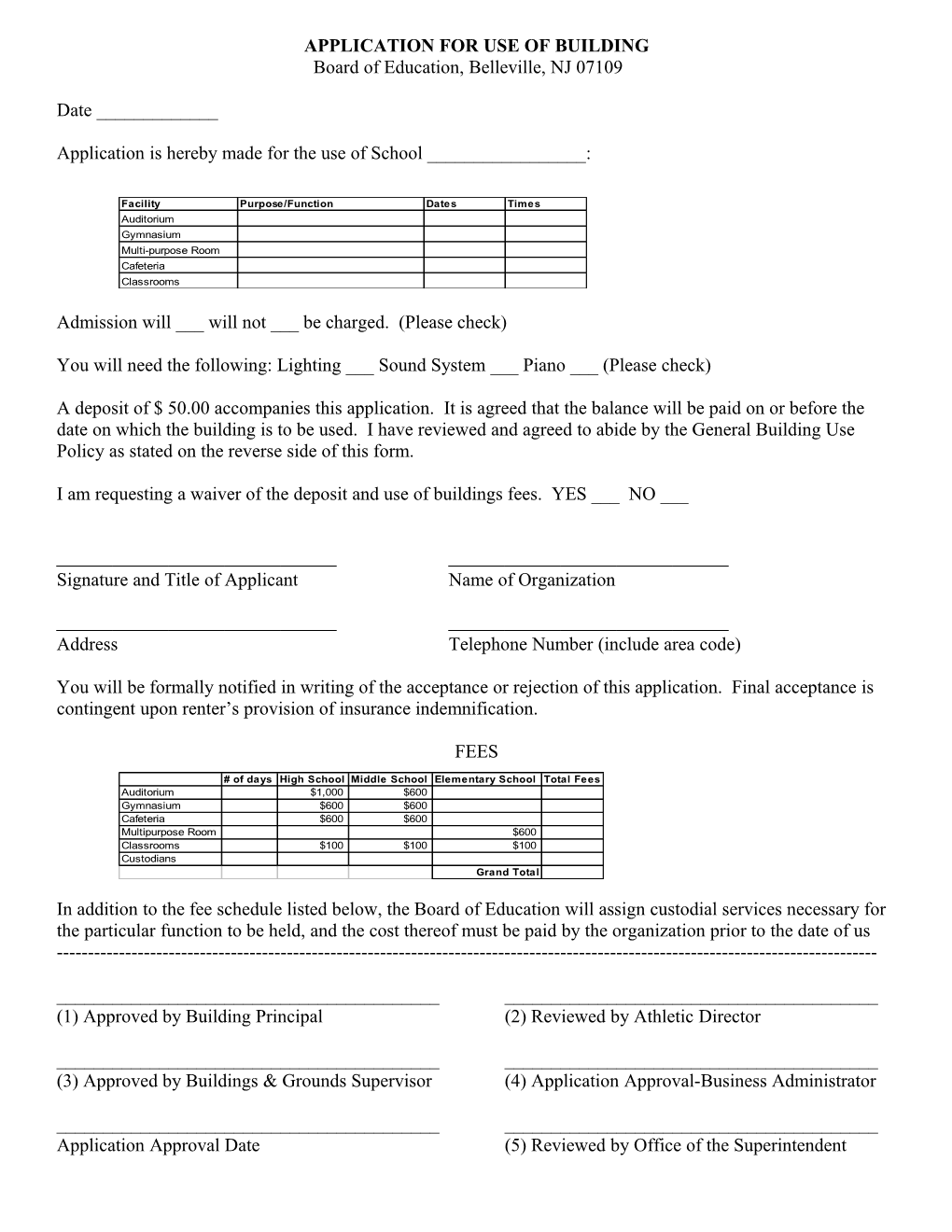 Application for Use of Building