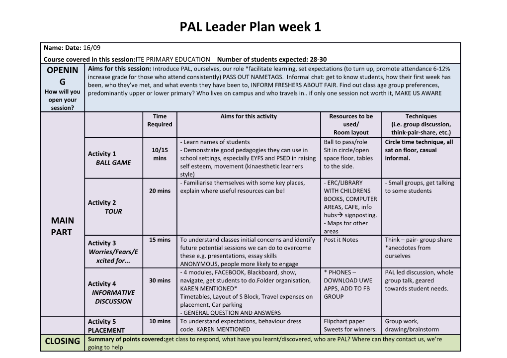 PAL Leader Reflection/Action Plan