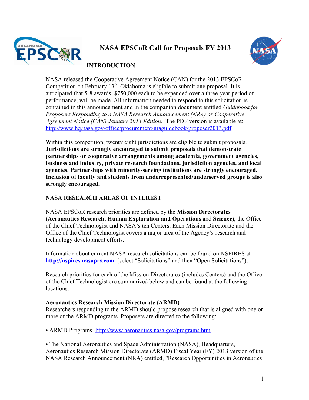 NASA Epscor Call for Proposals FY 2013