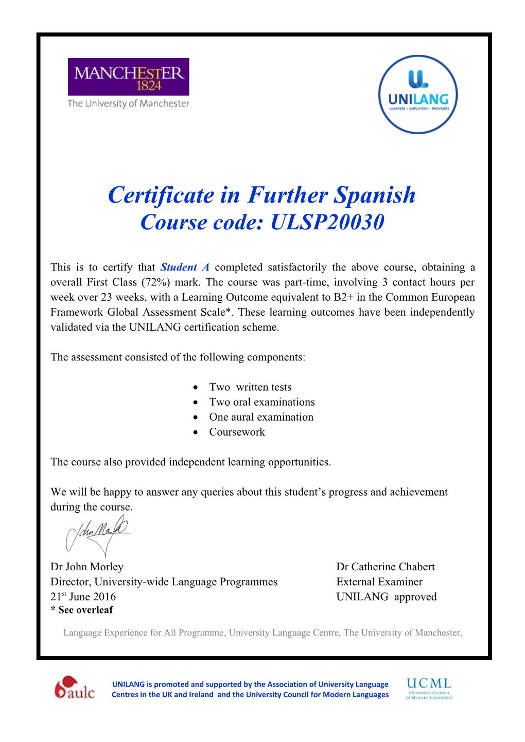 Certificate in Further Spanish