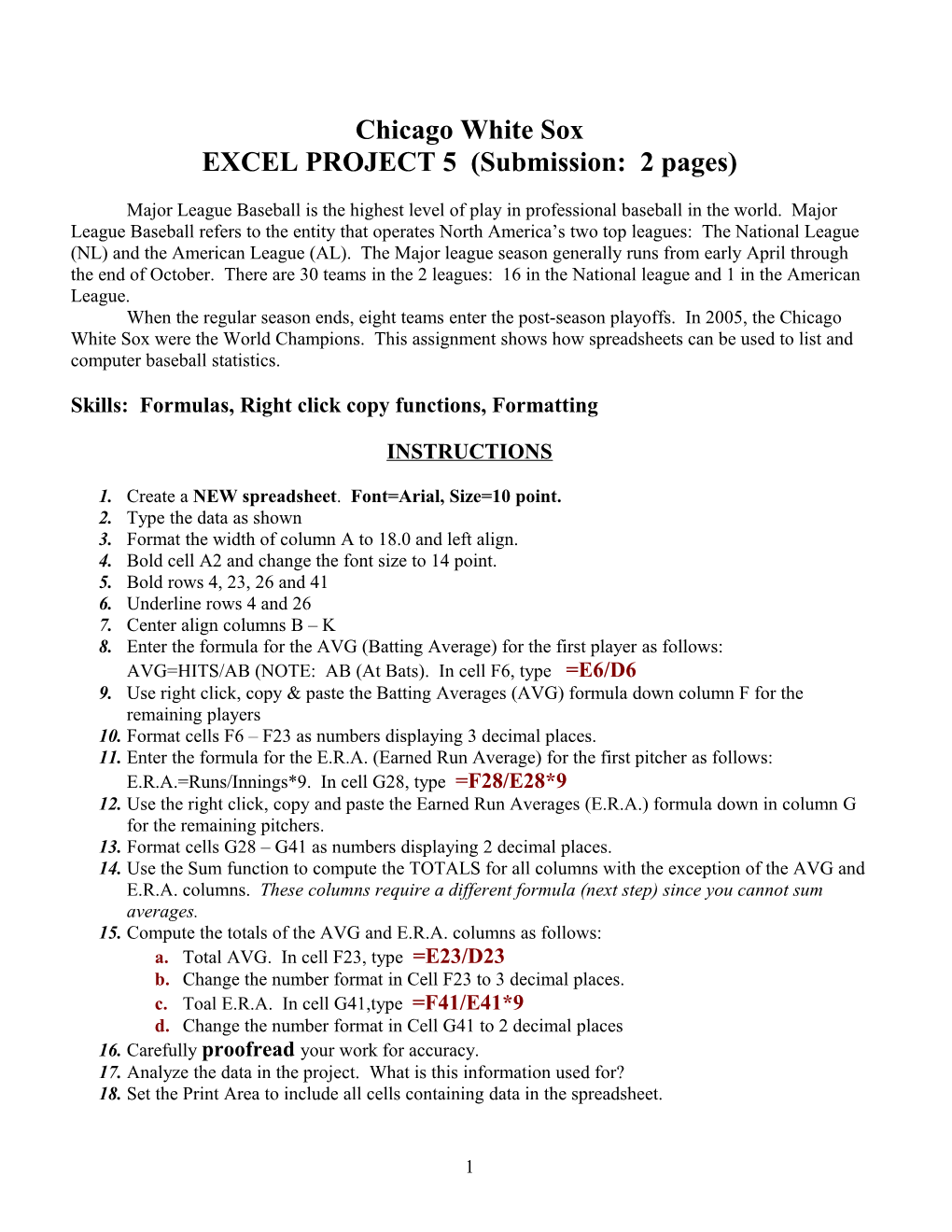EXCEL PROJECT 5 (Submission: 2 Pages)