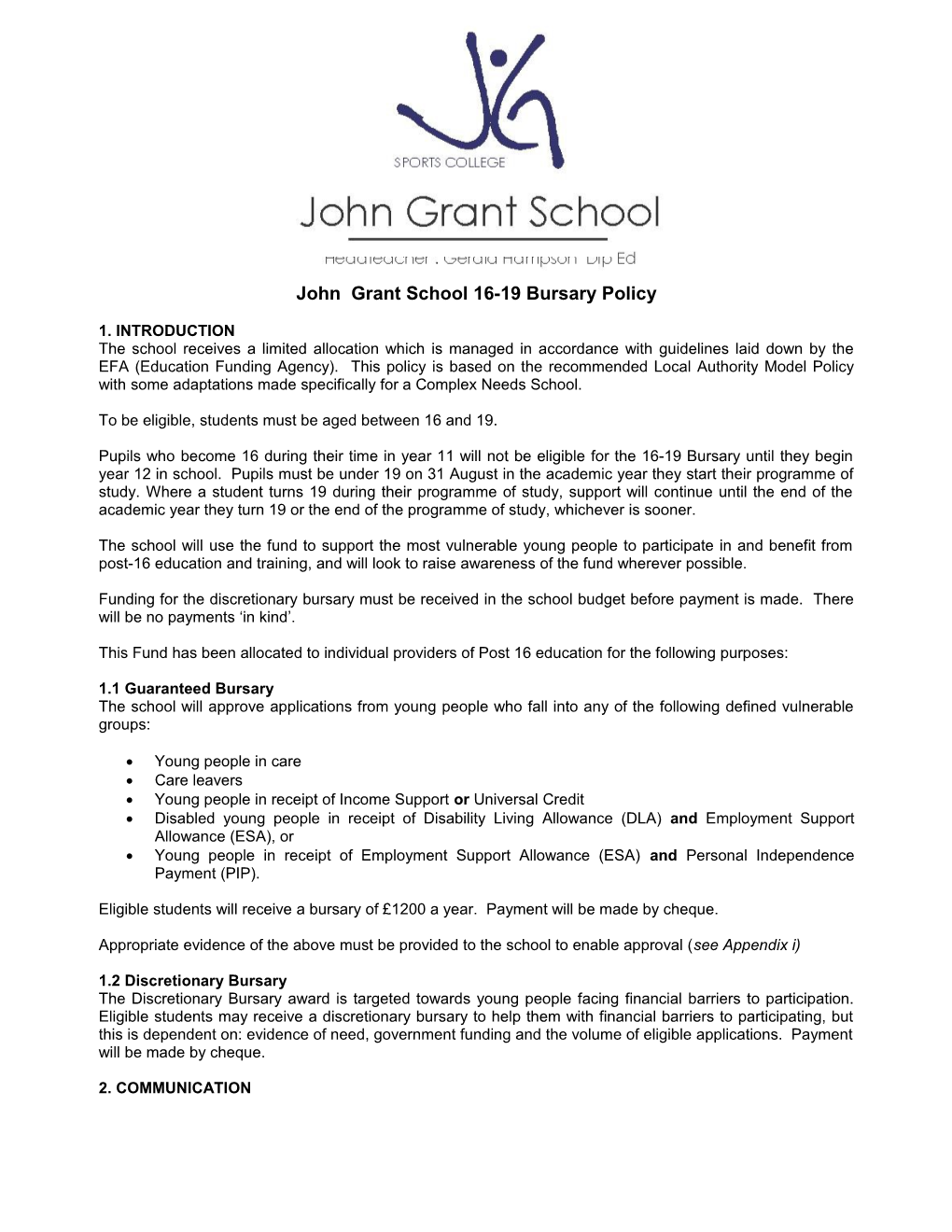 John Grant School 16-19 Bursary Policy