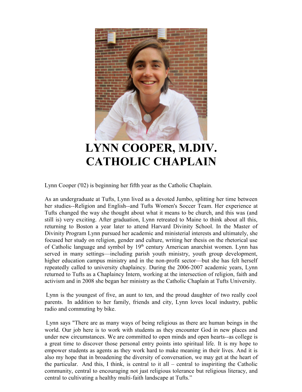 Lynn Cooper ('02) Is Beginning Her First Year As the Catholic Chaplain