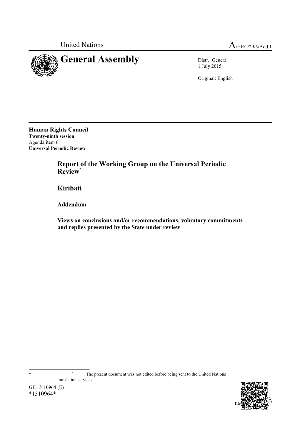 A/HRC/29/5/Add.1 Addendum of the WG Report of Kiribati in English