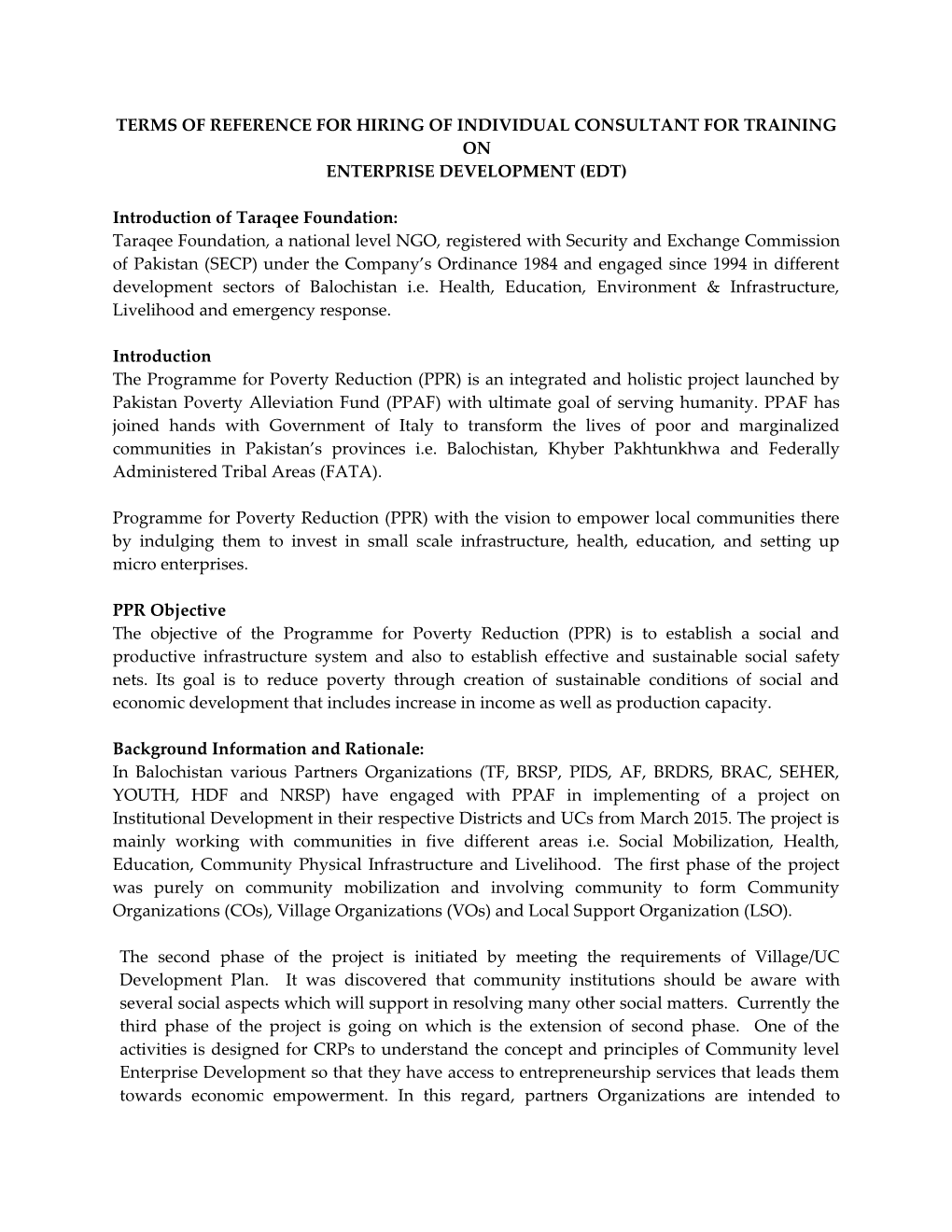 Terms of Reference for Hiring of Individual Consultant for Training on Enterprise Development