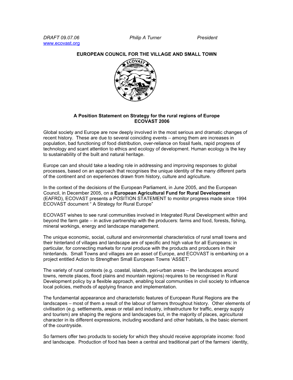 A Position Statement on Strategy for the Rural Regions of Europeecovast 2006