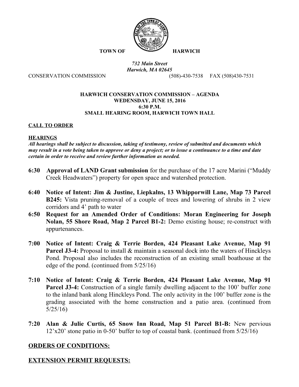 Harwich Conservation Commission Agenda