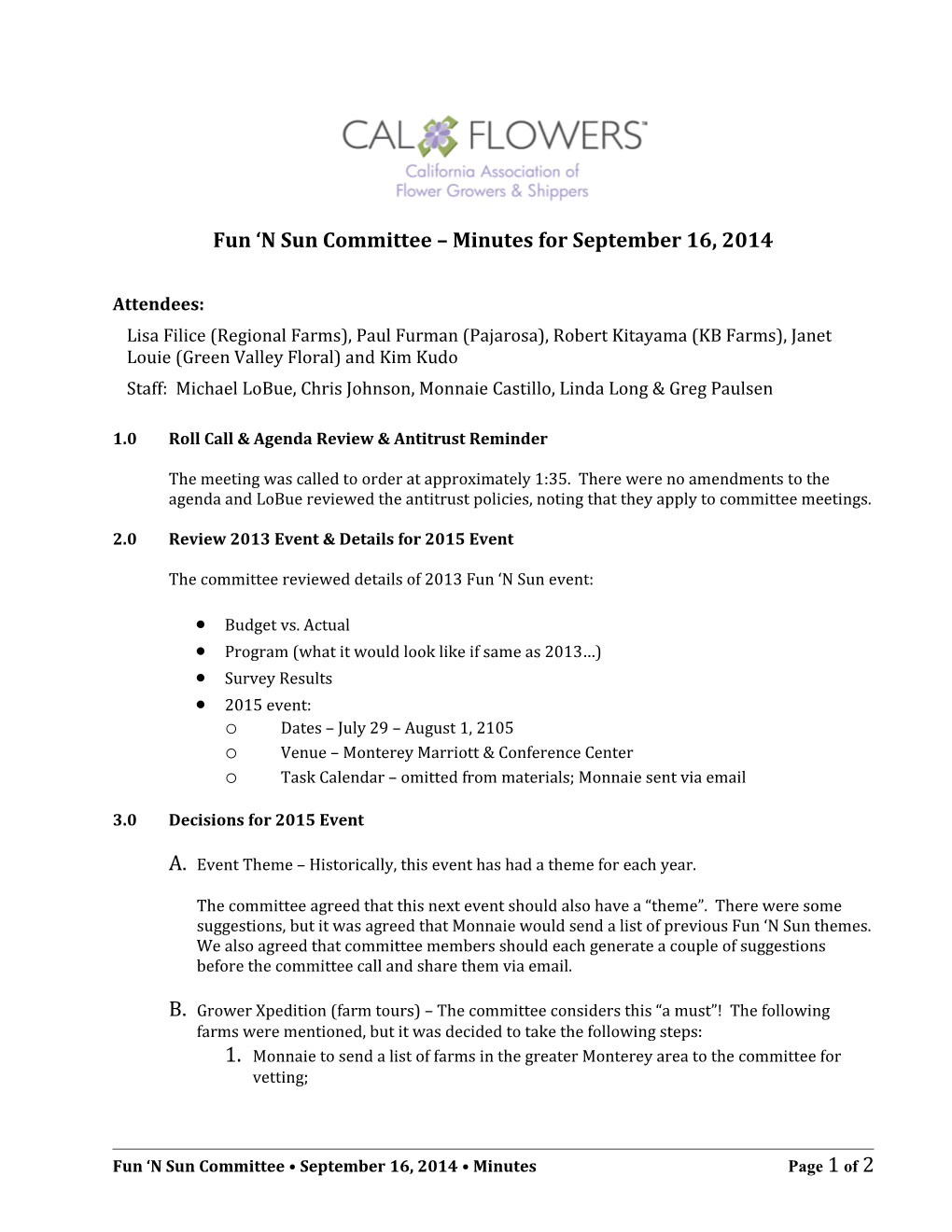 Fun N Sun Committee Minutes for September 16, 2014