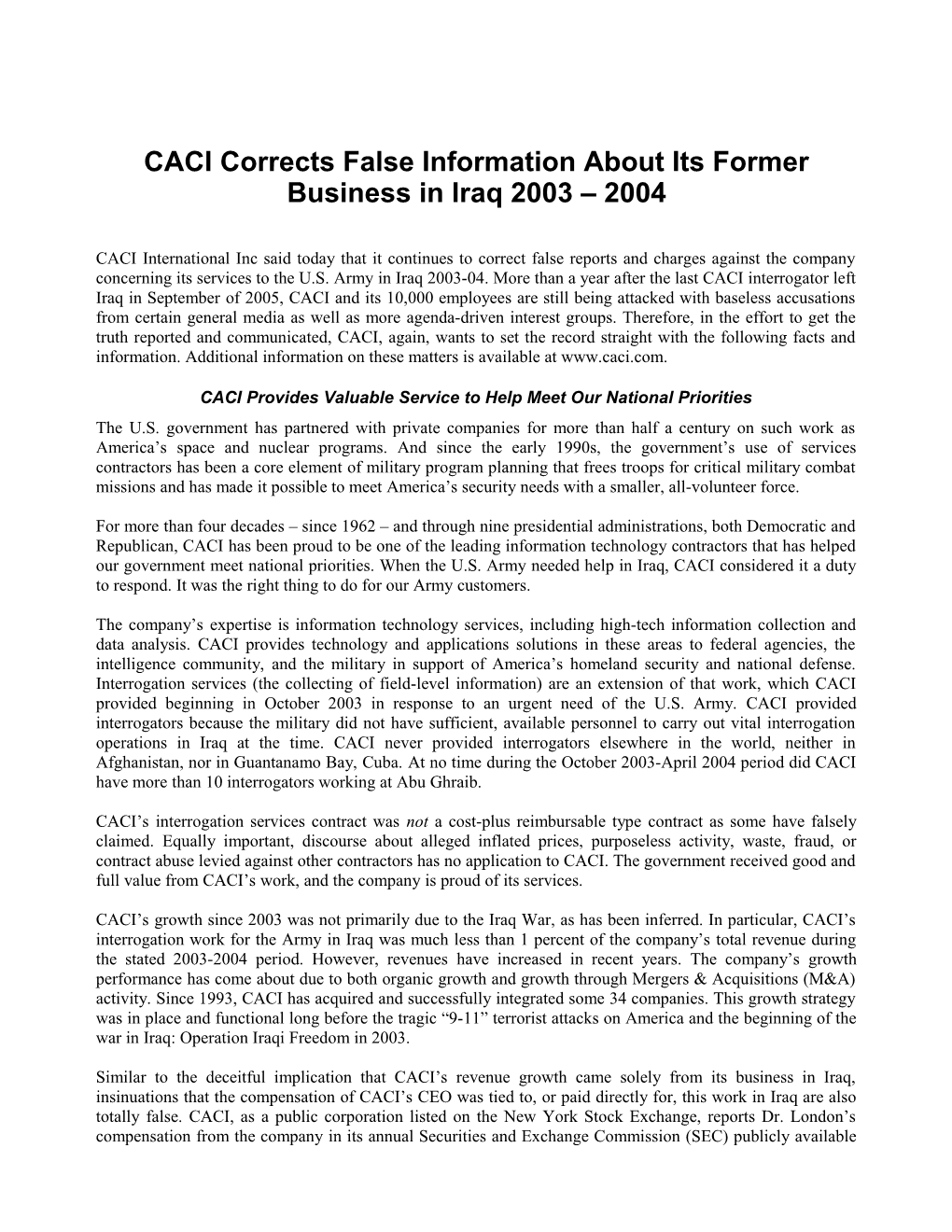 CACI Corrects False Information About Its Former