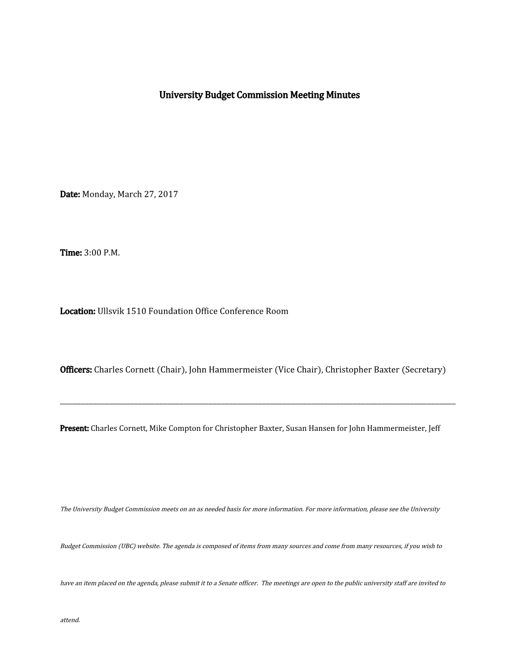 University Budget Commission Meeting Minutes